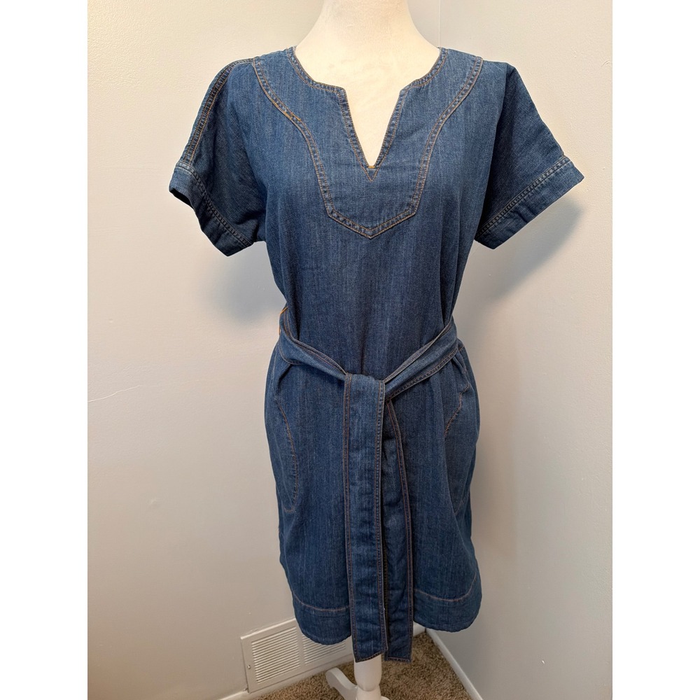 St Johns Bay Womens Blue Denim Shift Dress Retro Short Sleeve Belted Size M NWOT